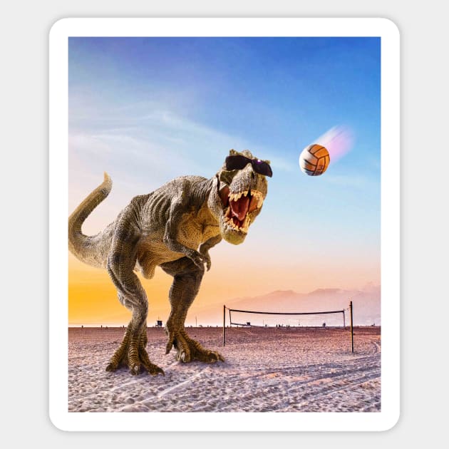 Funny T-Rex Dinosaur Playing Volleyball Sticker by Random Galaxy